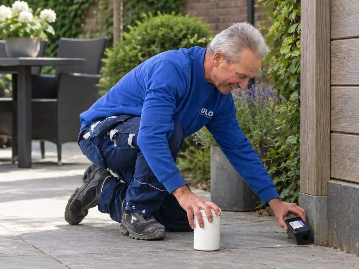 Medewerker van RULO plaatst een lokdoos in een tuin